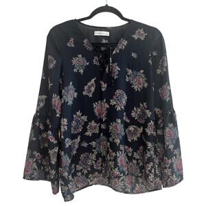 Abercrombie & Fitch Floral Lace Up V-Neck Flared Long Sleeve Blouse Black Size S